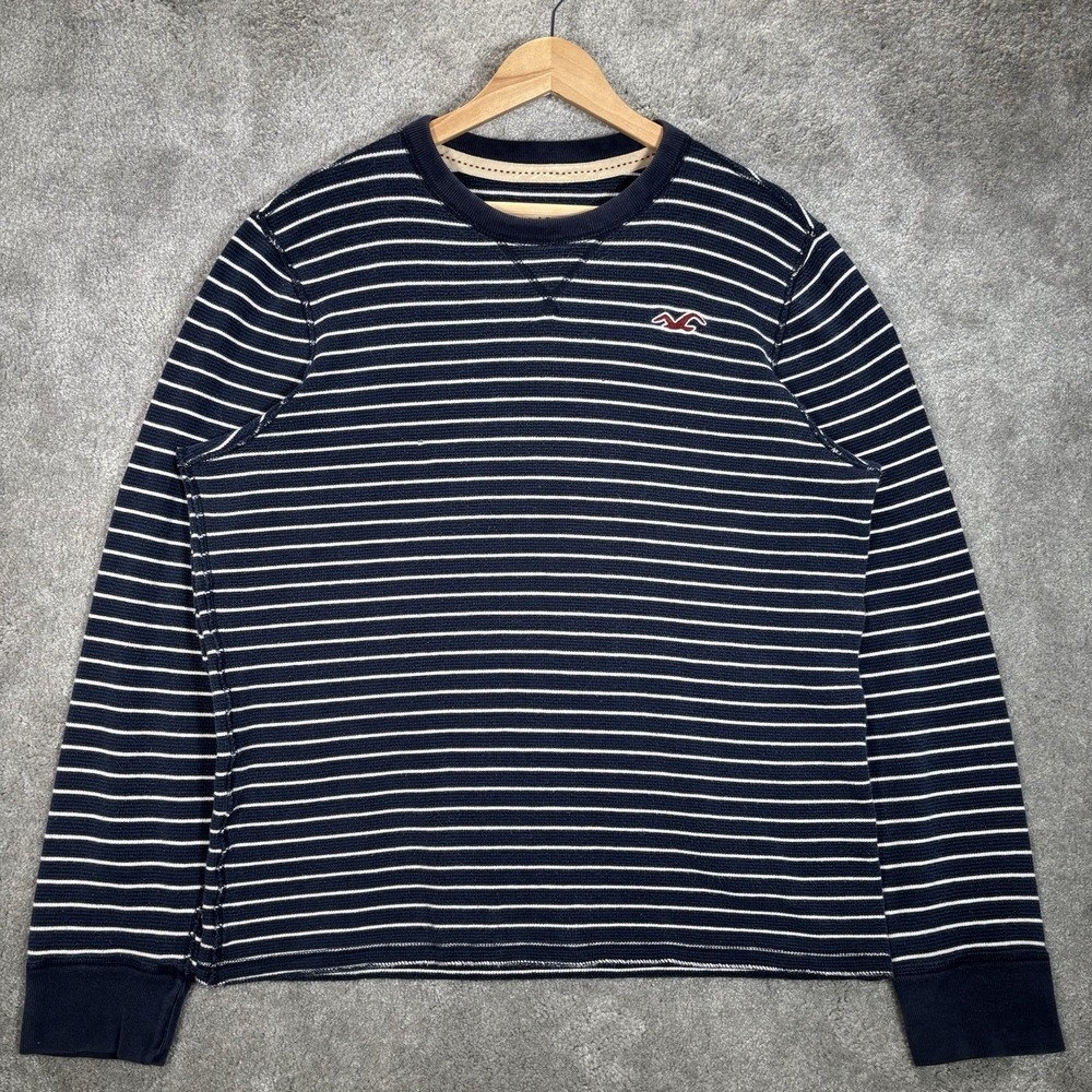Vintage Hollister Shirt Mens XL Blue Striped Waffle Knit Thermal Long Sleeve Y2K